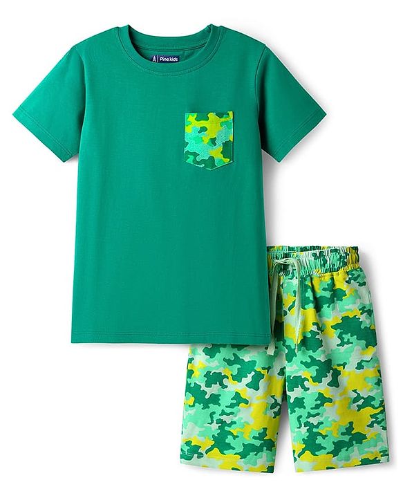 Pine Kids Single Jersey Knit Half Sleeves Shorts Night Suit With Abstract Print - Green
