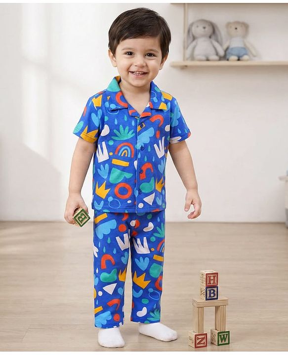 Babyhug Cotton Knit Half Sleeves Rainbow Printed Co-Ords Nightsuit - Blue