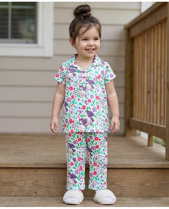 Babyhug Cotton Knit Front Open Half Sleeves Co-ords Night Suit With Unicorn & Floral Print - White