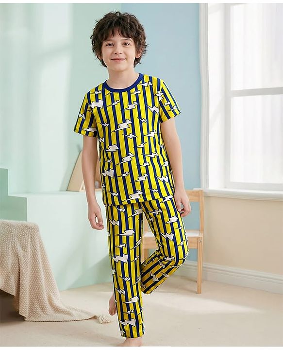 Pine Kids Single Jersey Knit Half Sleeves Co-Ord Night Suit with Stripes - Yellow