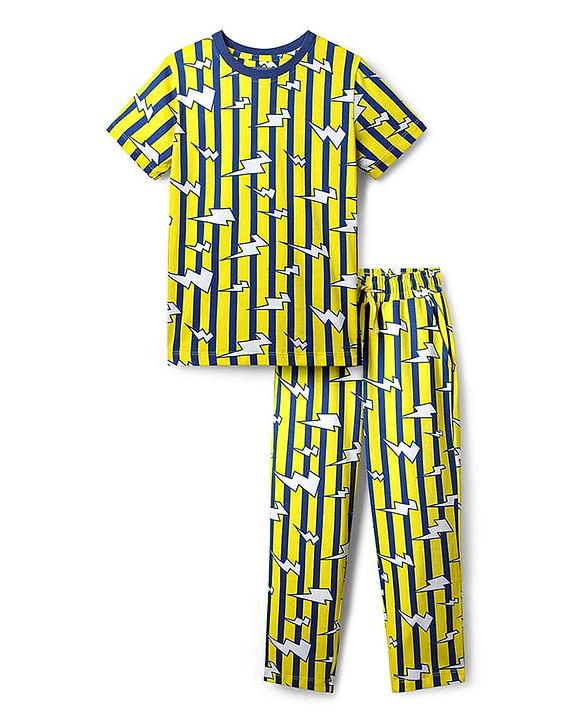 Pine Kids Single Jersey Knit Half Sleeves Co-Ord Night Suit with Stripes - Yellow