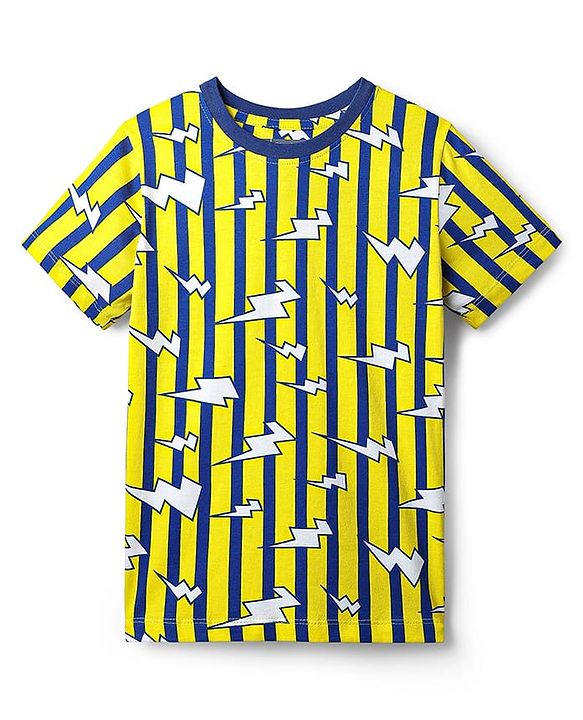 Pine Kids Single Jersey Knit Half Sleeves Co-Ord Night Suit with Stripes - Yellow