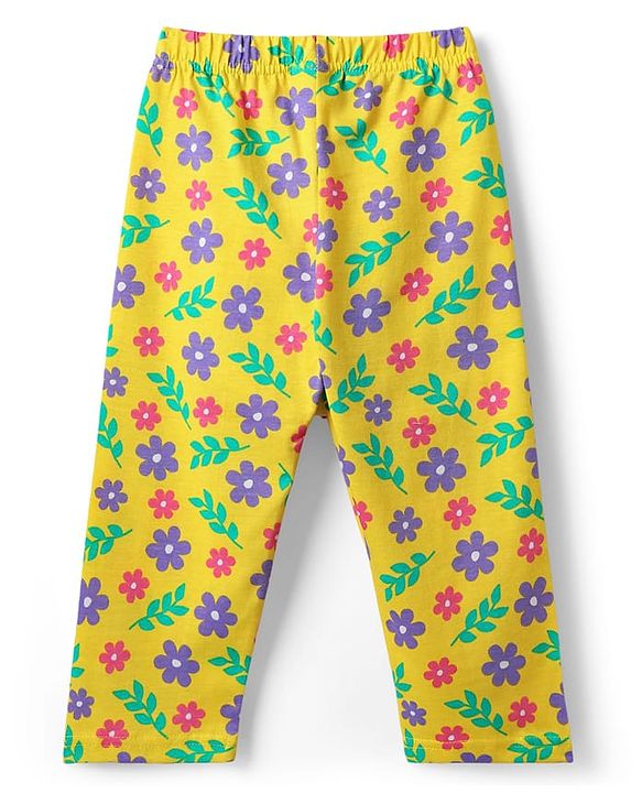 Babyhug Cotton Knit Half Sleeves Co-ords Night Suit with Floral Print - Yellow