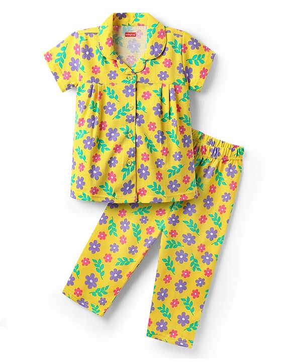 Babyhug Cotton Knit Half Sleeves Co-ords Night Suit with Floral Print - Yellow