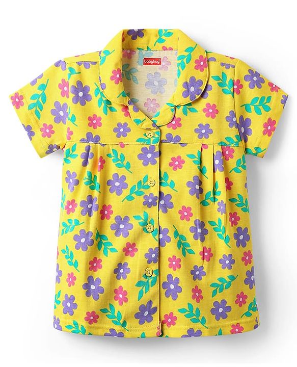 Babyhug Cotton Knit Half Sleeves Co-ords Night Suit with Floral Print - Yellow