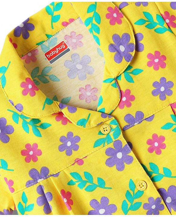 Babyhug Cotton Knit Half Sleeves Co-ords Night Suit with Floral Print - Yellow