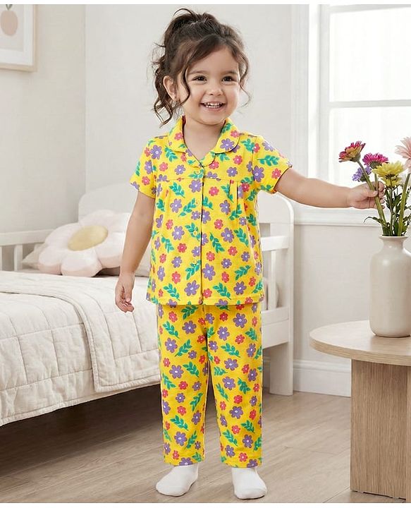 Babyhug Cotton Knit Half Sleeves Co-ords Night Suit with Floral Print - Yellow