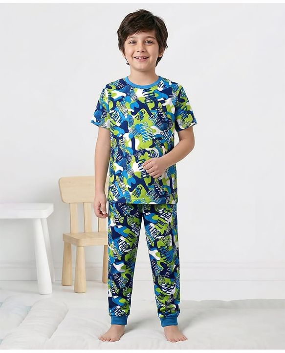 Pine Kids Single Jersey Knit Half Sleeves Co-Ord Night Suit with Im Free Text Print - Green & Blue
