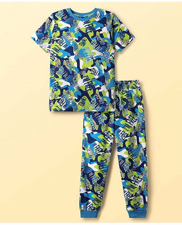 Pine Kids Single Jersey Knit Half Sleeves Co-Ord Night Suit with Im Free Text Print - Green & Blue