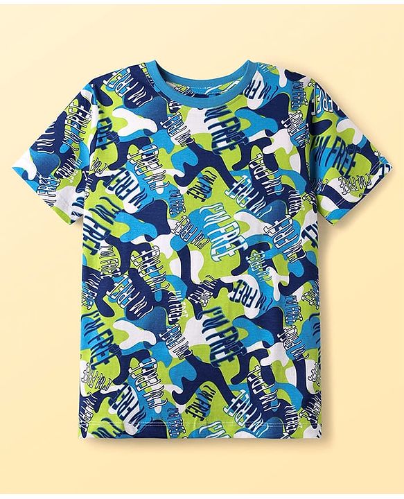 Pine Kids Single Jersey Knit Half Sleeves Co-Ord Night Suit with Im Free Text Print - Green & Blue