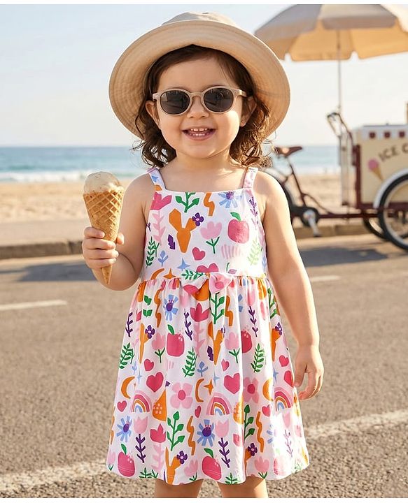 Babyhug Single Jersey Knit Sleeveless Frock With Floral & Fruit Print & Bow Applique - White