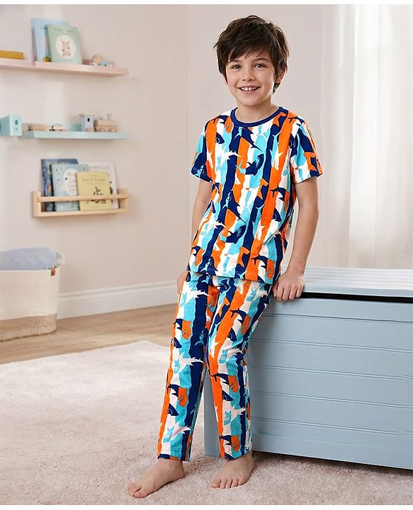 Pine Kids Single Jersey Knit Half Sleeves Co-ords Night Suit With Fish Print - Multicolour