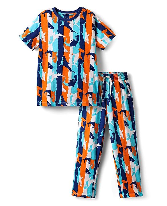 Pine Kids Single Jersey Knit Half Sleeves Co-ords Night Suit With Fish Print - Multicolour
