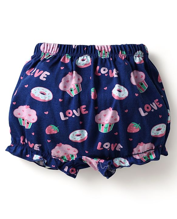 Babyhug 100% Cotton Knit Bloomers with Love & Cup Cake Print Pack of 3 - Pink & Navy Blue