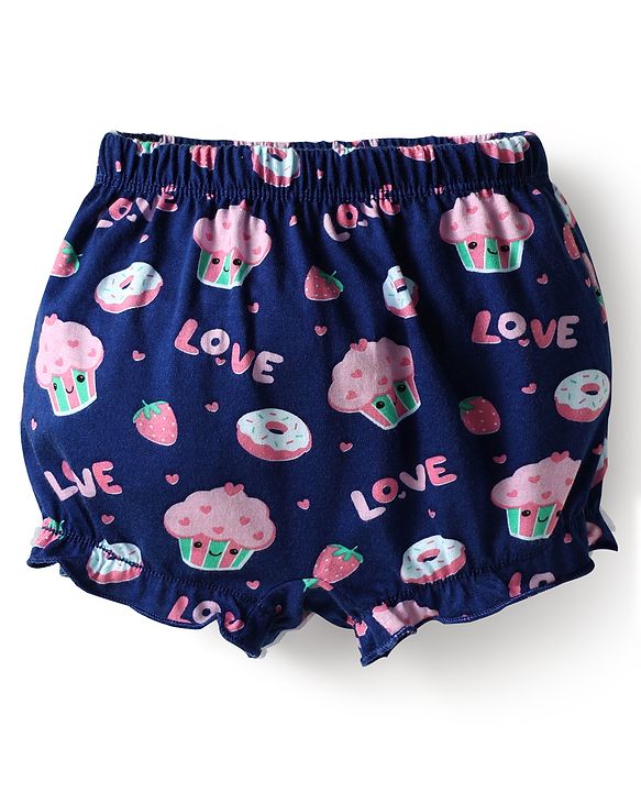 Babyhug 100% Cotton Knit Bloomers with Love & Cup Cake Print Pack of 3 - Pink & Navy Blue