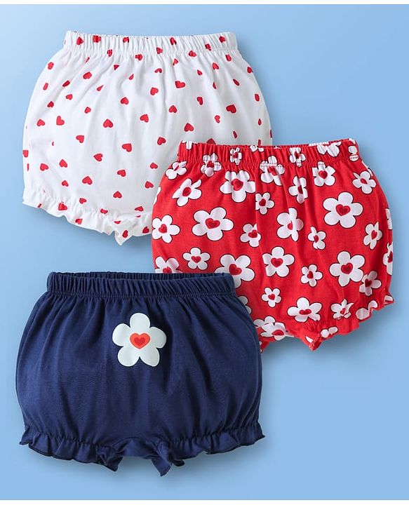 Babyhug 100% Cotton Floral & Hearts Printed Bloomers Pack Of 3 - Red Navy Blue & White