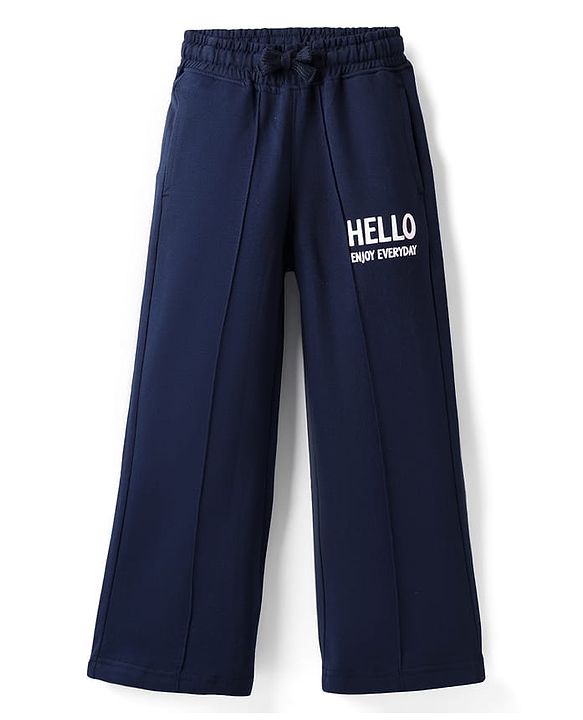 Pine Kids Cotton Knit Full Length Track Pants with Hello Print - Navy Blue
