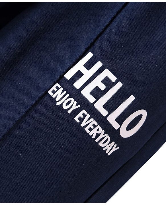 Pine Kids Cotton Knit Full Length Track Pants with Hello Print - Navy Blue