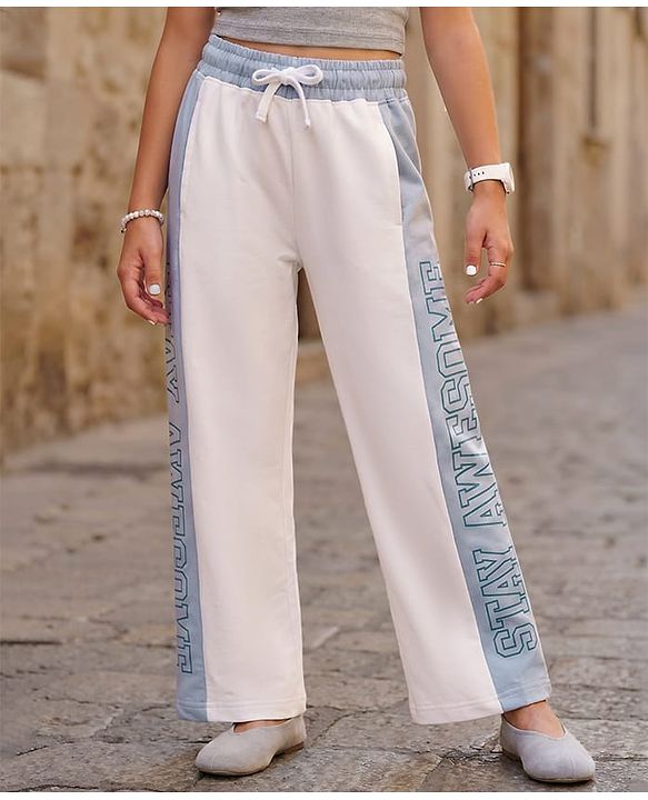 Pine Kids Cotton Knit Full Length Track Pant with Text Print - White
