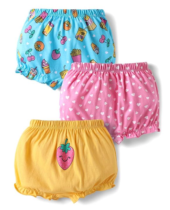 Babyhug 100% Cotton Single Jersey Knit Bloomers With Heart & Tropical Theme Print Pack Of 3 - Yellow Pink & Light Blue