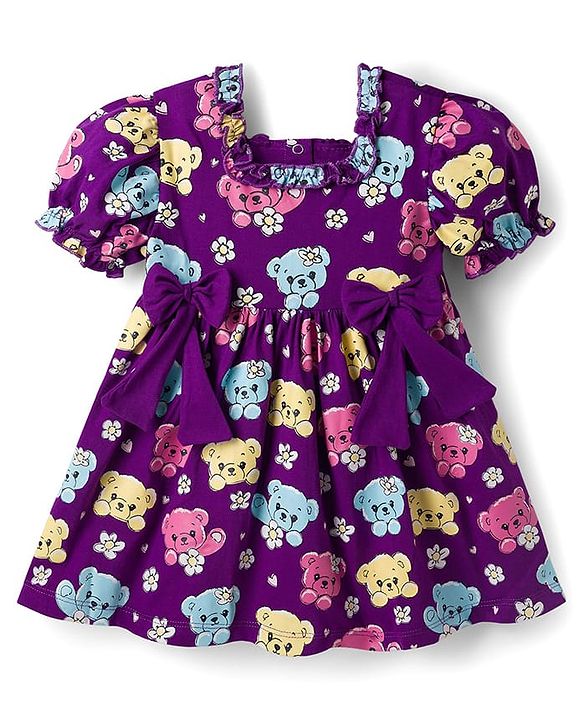 Babyhug Single Jersey Knit Half Sleeves Frock With Teddy Bear Print & Bow Applique - Violet