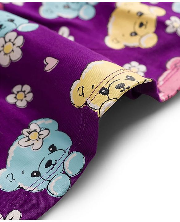 Babyhug Single Jersey Knit Half Sleeves Frock With Teddy Bear Print & Bow Applique - Violet
