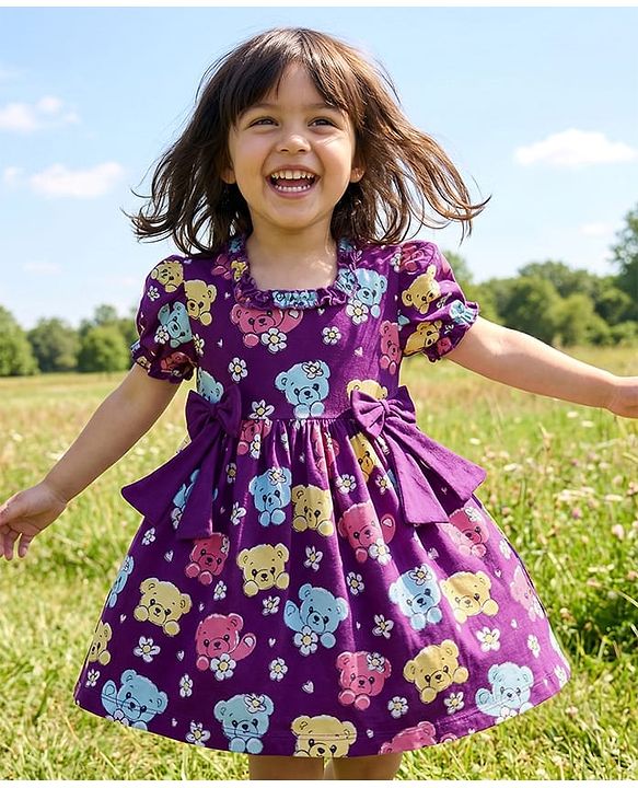 Babyhug Single Jersey Knit Half Sleeves Frock With Teddy Bear Print & Bow Applique - Violet