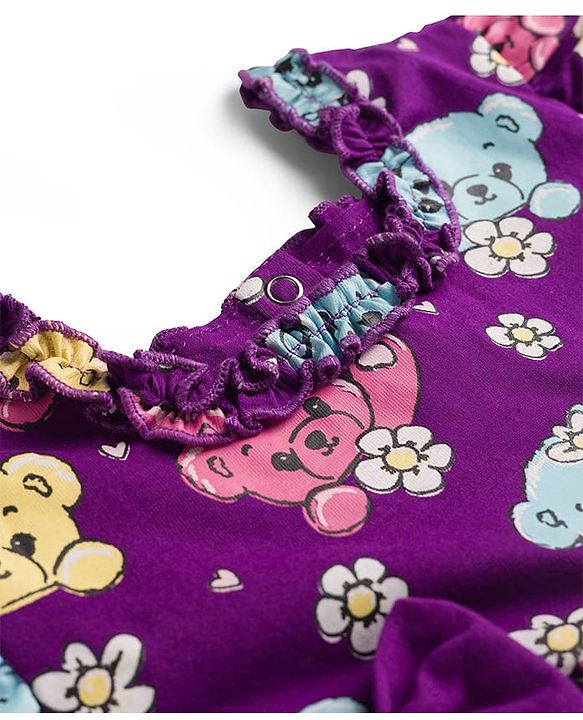 Babyhug Single Jersey Knit Half Sleeves Frock With Teddy Bear Print & Bow Applique - Violet