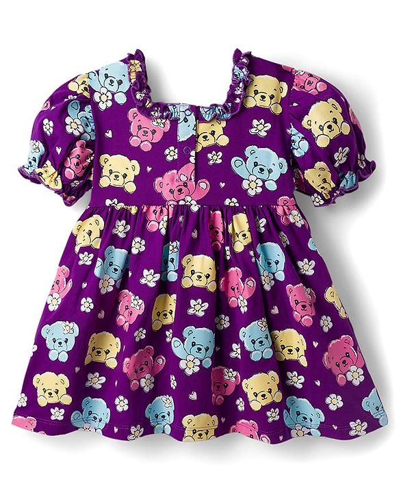 Babyhug Single Jersey Knit Half Sleeves Frock With Teddy Bear Print & Bow Applique - Violet