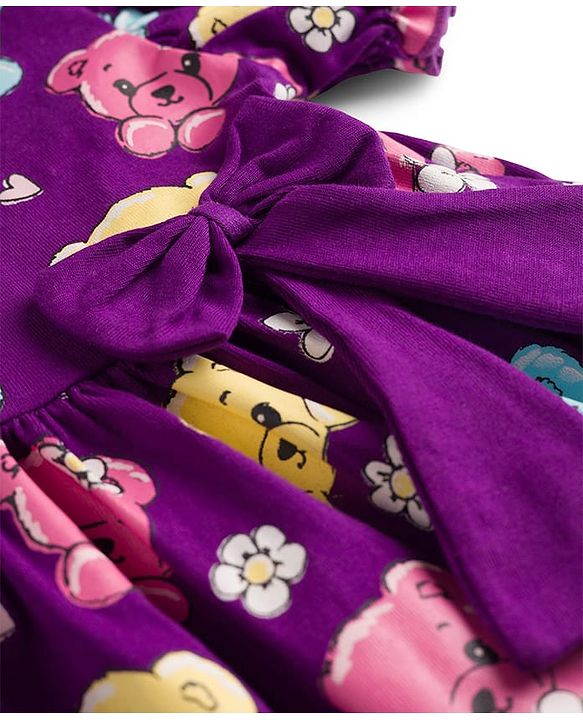 Babyhug Single Jersey Knit Half Sleeves Frock With Teddy Bear Print & Bow Applique - Violet