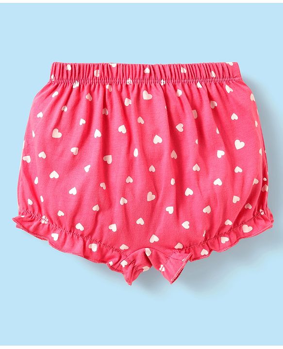 Babyhug 100% Cotton Single Jersey Knit Bloomers With Heart & Tropical Theme Print Pack Of 3 - Pink White & Lime Green