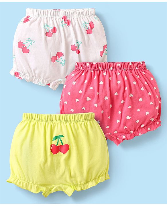 Babyhug 100% Cotton Single Jersey Knit Bloomers With Heart & Tropical Theme Print Pack Of 3 - Pink White & Lime Green