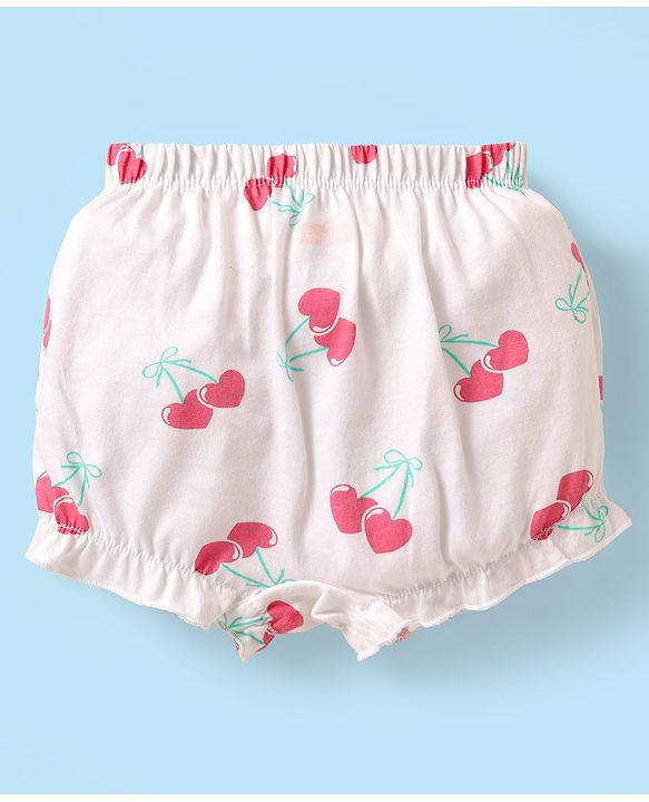 Babyhug 100% Cotton Single Jersey Knit Bloomers With Heart & Tropical Theme Print Pack Of 3 - Pink White & Lime Green