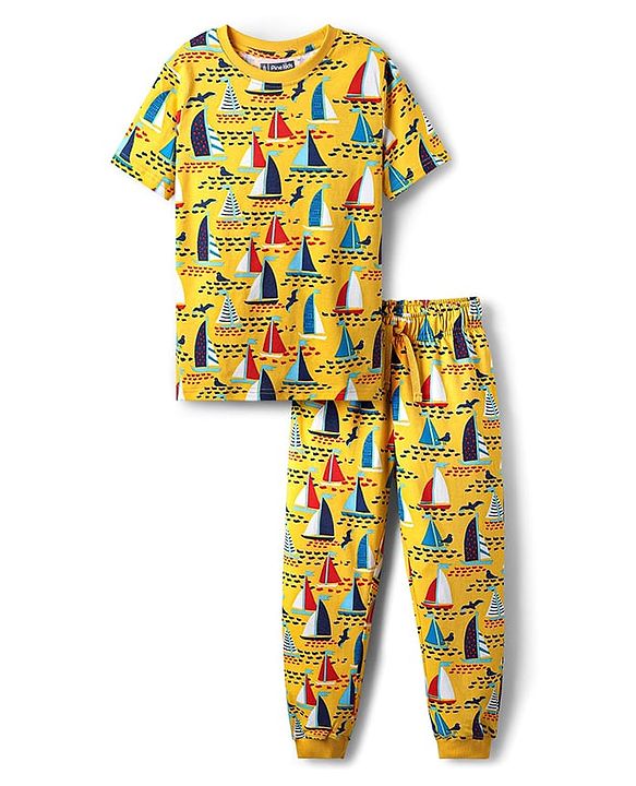 Pine Kids Single Jersey Knit Half Sleeves Co-Ord Night Suit with Boat Print - Yellow