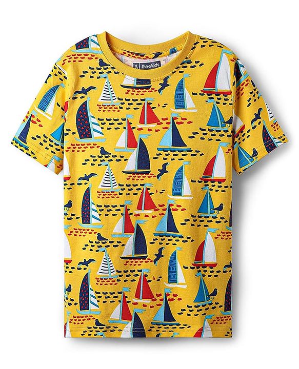 Pine Kids Single Jersey Knit Half Sleeves Co-Ord Night Suit with Boat Print - Yellow