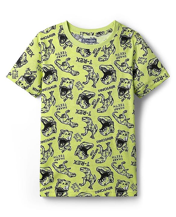 Pine Kids Single Jersey Knit Half Sleeves Co-ords Night Suit With Dino Print - Green
