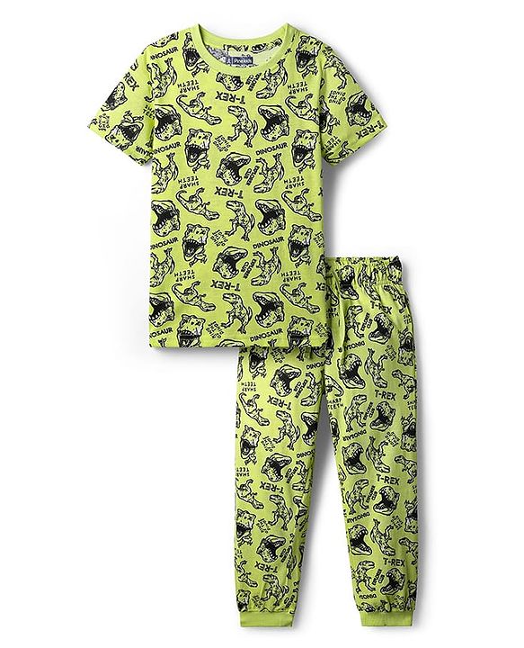 Pine Kids Single Jersey Knit Half Sleeves Co-ords Night Suit With Dino Print - Green
