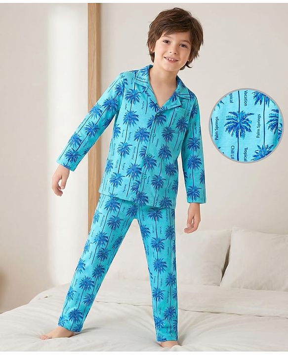 Pine Kids Single Jersey Knit Full Sleeves Co-ords Night suit With Tropical Theme Print - Light Blue
