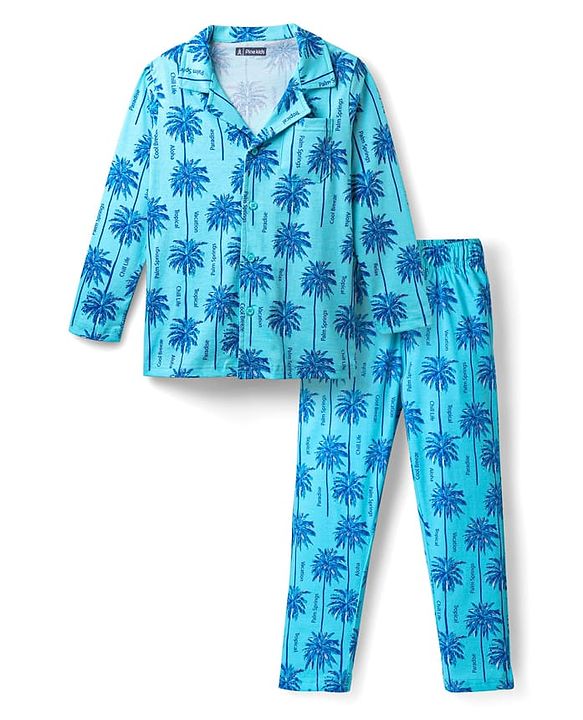 Pine Kids Single Jersey Knit Full Sleeves Co-ords Night suit With Tropical Theme Print - Light Blue