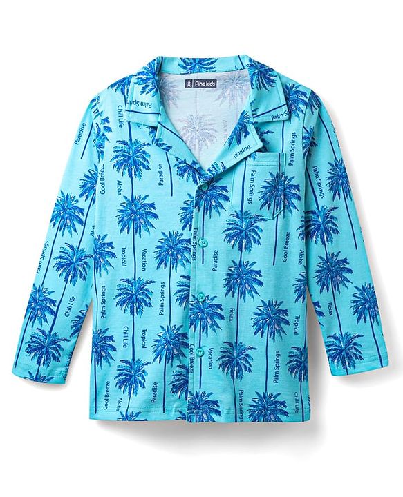 Pine Kids Single Jersey Knit Full Sleeves Co-ords Night suit With Tropical Theme Print - Light Blue