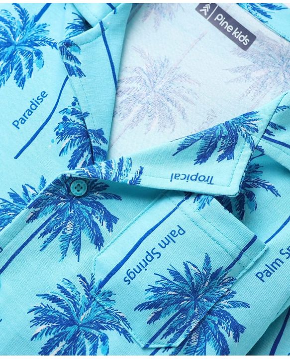 Pine Kids Single Jersey Knit Full Sleeves Co-ords Night suit With Tropical Theme Print - Light Blue