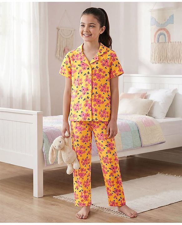 Pine Kids Single Jersey Knit Half Sleeves Co-Ord Night Suit With Floral Print - Gold