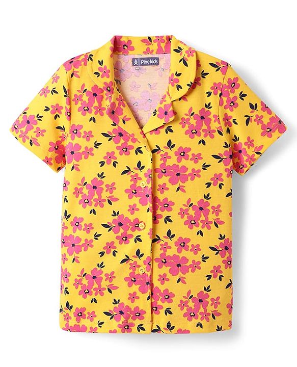 Pine Kids Single Jersey Knit Half Sleeves Co-Ord Night Suit With Floral Print - Gold