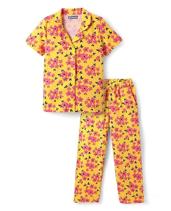 Pine Kids Single Jersey Knit Half Sleeves Co-Ord Night Suit With Floral Print - Gold