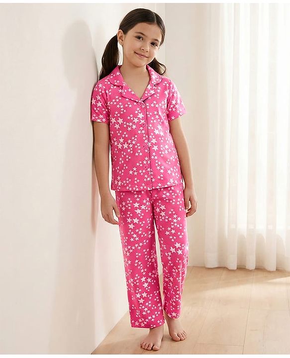 Pine Kids Single Jersey Knit Half Sleeves Co-Ord Night Suit With Star Print - Dark Pink