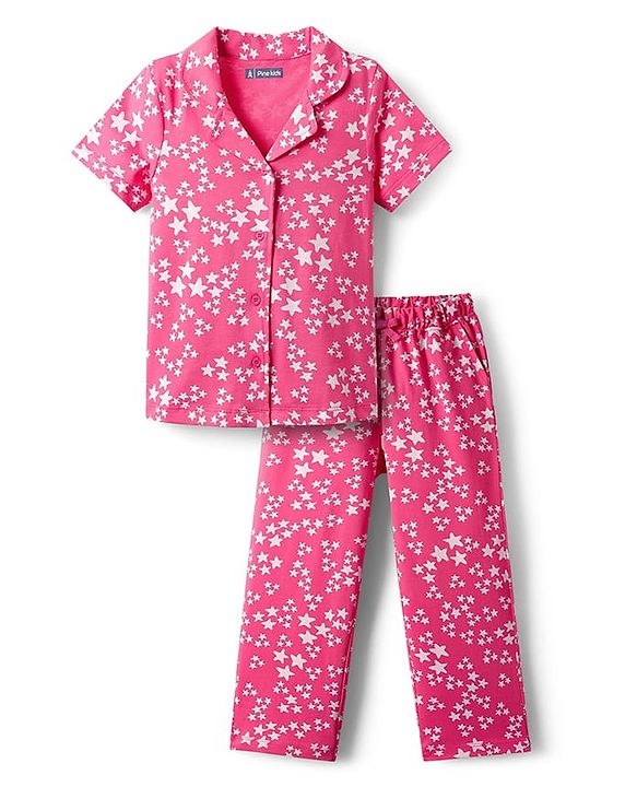 Pine Kids Single Jersey Knit Half Sleeves Co-Ord Night Suit With Star Print - Dark Pink
