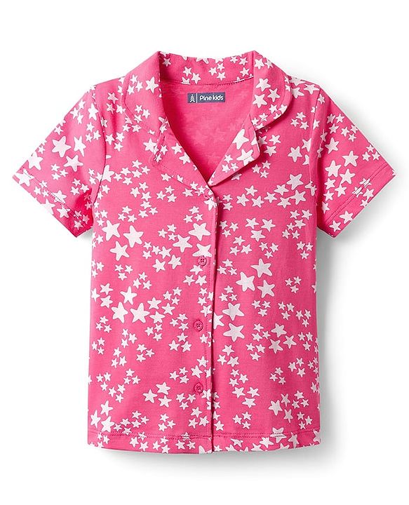 Pine Kids Single Jersey Knit Half Sleeves Co-Ord Night Suit With Star Print - Dark Pink