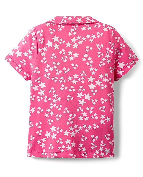 Pine Kids Single Jersey Knit Half Sleeves Co-Ord Night Suit With Star Print - Dark Pink