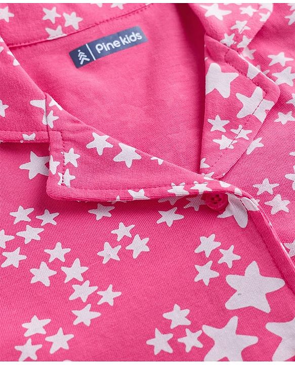 Pine Kids Single Jersey Knit Half Sleeves Co-Ord Night Suit With Star Print - Dark Pink
