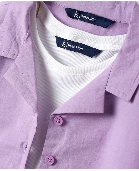 Pine Kids Cotton Woven Half Sleeves Solid Color Shirt Style Top with Inner Tee - Lavender